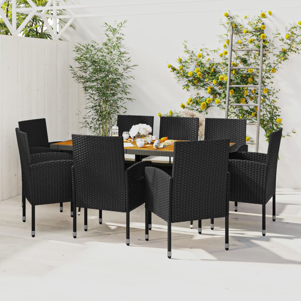 9 pcs Conjunto de jantar p/ exterior vime PE preto