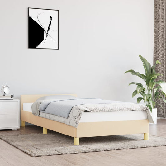 Estrutura de cama c/ cabeceira tecido cor creme 90x190 cm