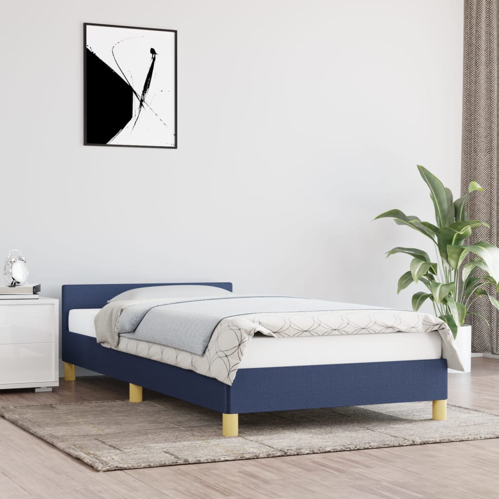 Estrutura de cama c/ cabeceira tecido azul 90x190 cm