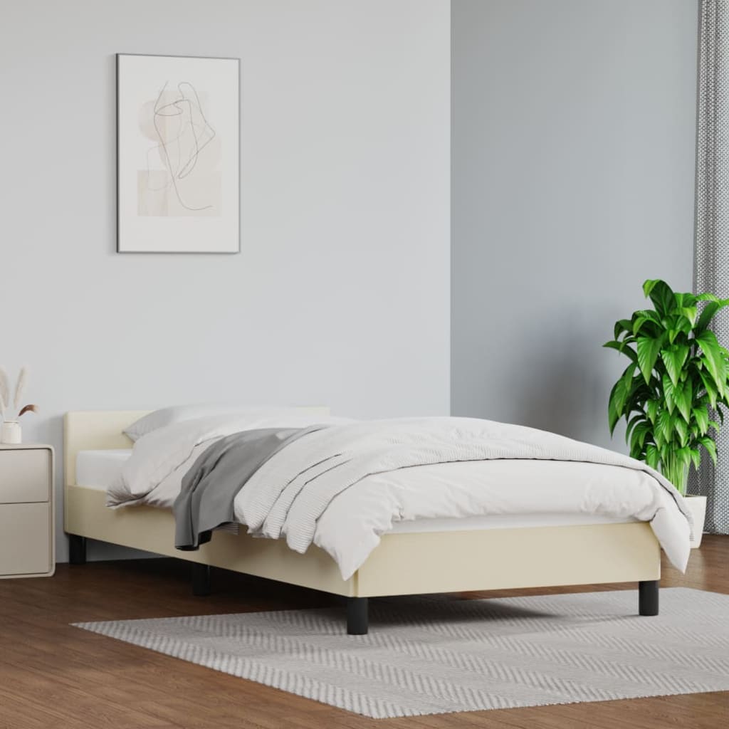 Estrutura de Cama Salu com Cabeceira em Couro Artificial Creme - 80x200cm - Design Moderno