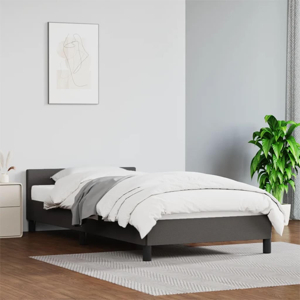 Estrutura de Cama Salu com Cabeceira em Couro Artificial Cinzento - 80x200cm - Design Moderno