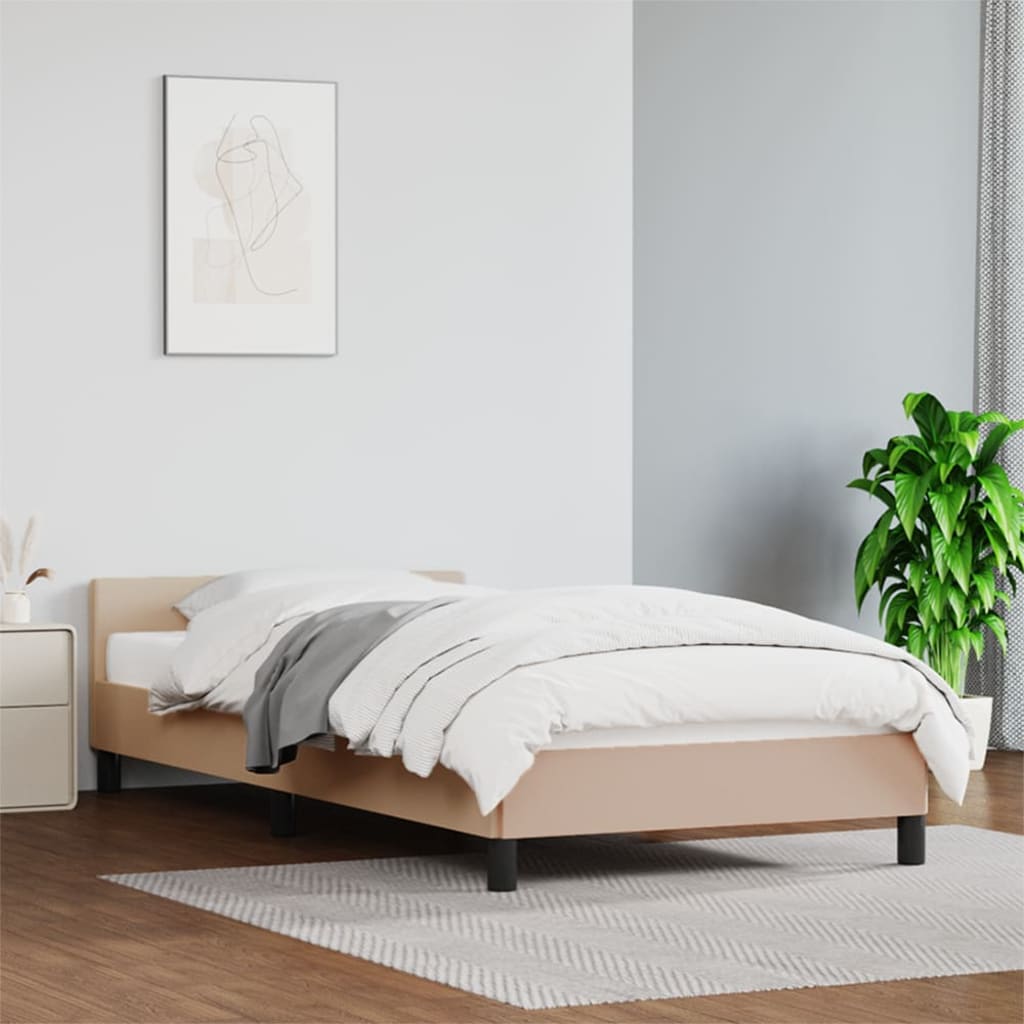 Estrutura de Cama Salu com Cabeceira em Couro Artificial Cappuccino - 80x200cm - Design Moderno