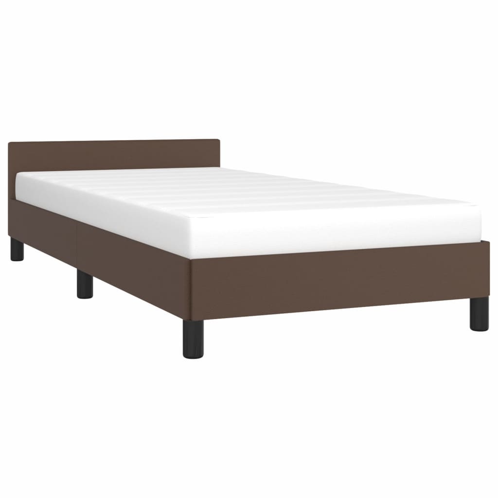 Estrutura de Cama Salu com Cabeceira em Couro Artificial Castanho - 90x200cm - Design Moderno