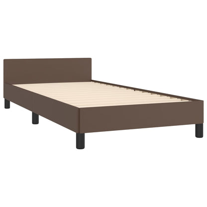 Estrutura de Cama Salu com Cabeceira em Couro Artificial Castanho - 90x200cm - Design Moderno