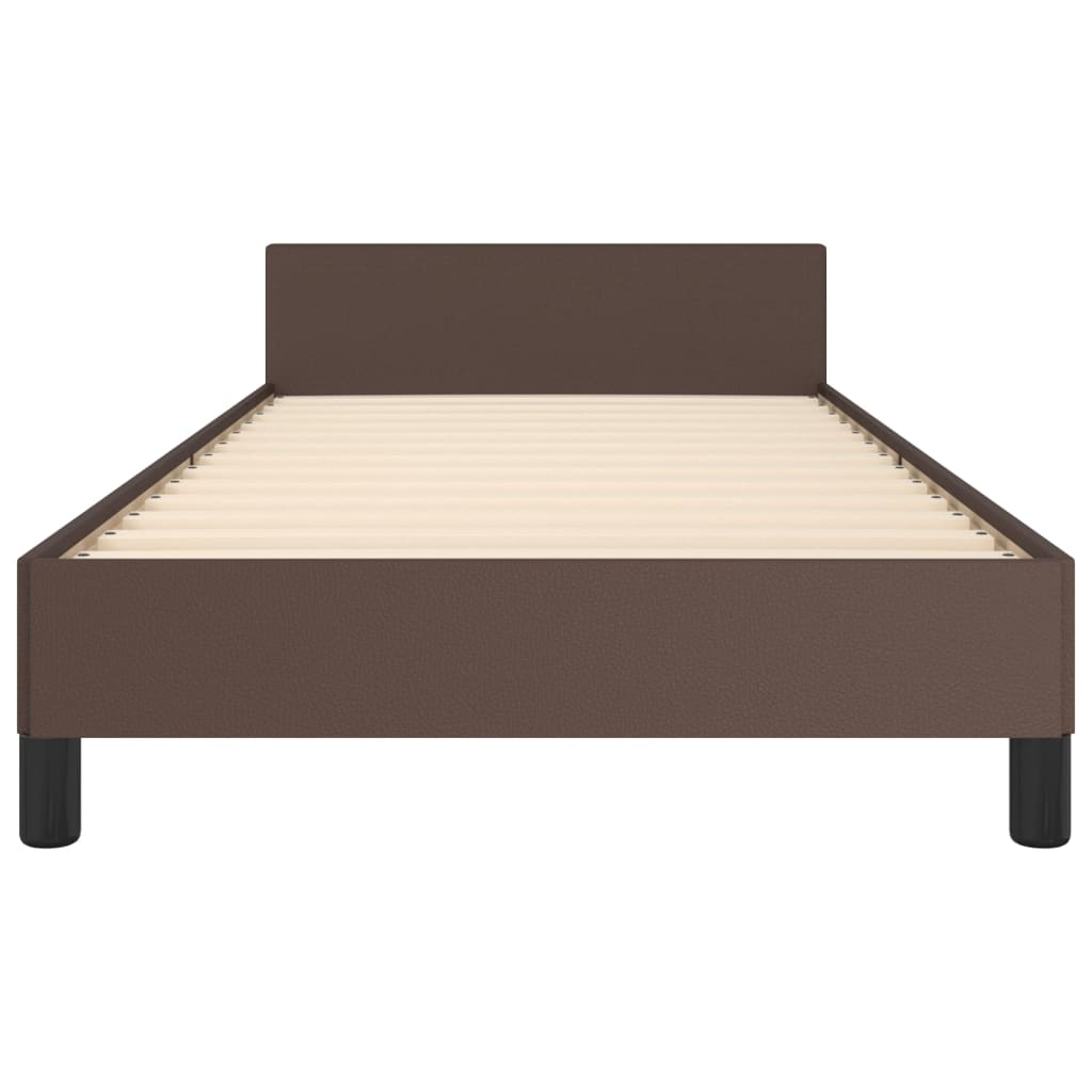 Estrutura de Cama Salu com Cabeceira em Couro Artificial Castanho - 90x200cm - Design Moderno