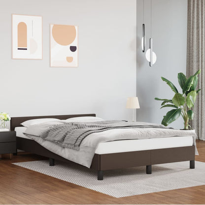 Estrutura de Cama Salu com Cabeceira em Couro Artificial Castanho - 120x200cm - Design Moderno