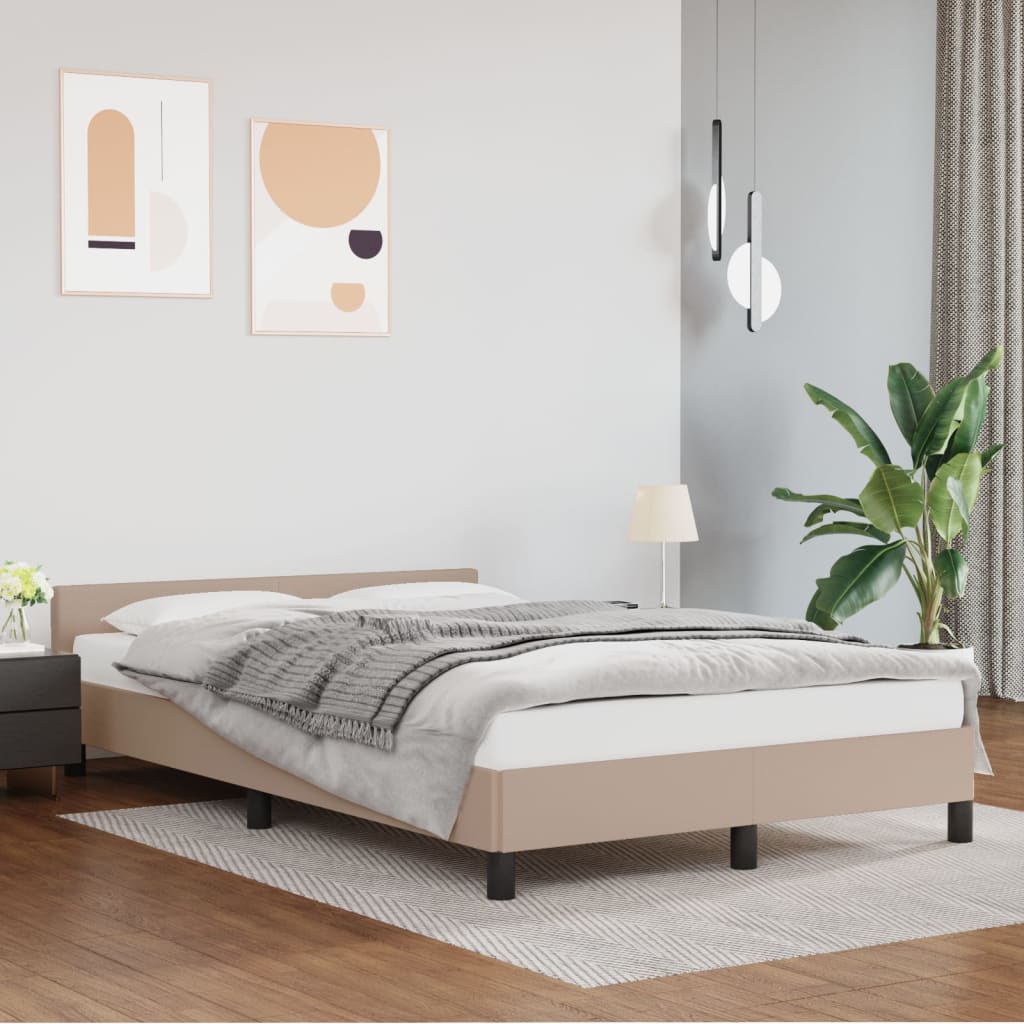 Estrutura de Cama Salu com Cabeceira em Couro Artificial Cappuccino - 120x200cm - Design Moderno