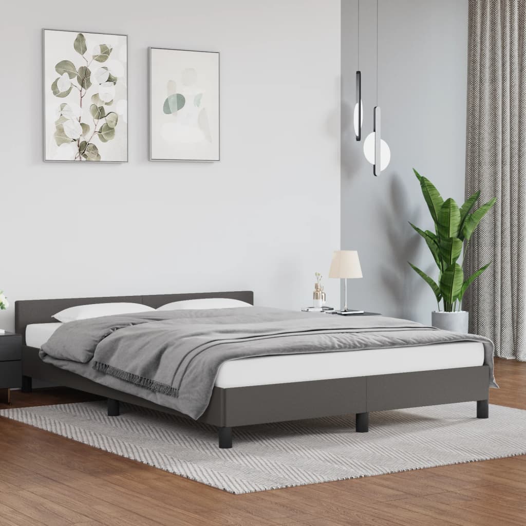 Estrutura de Cama Salu com Cabeceira em Couro Artificial Cinzento - 140x190cm - Design Moderno