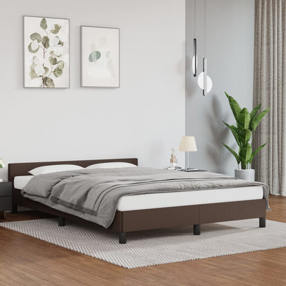 Estrutura de Cama Salu com Cabeceira em Couro Artificial Castanho - 140x200cm - Design Moderno