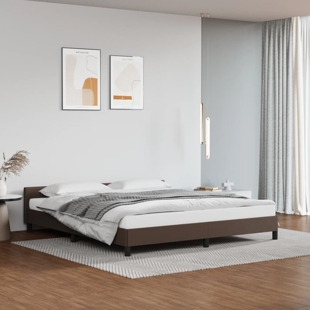 Estrutura de Cama Salu com Cabeceira em Couro Artificial Castanho - 160x200cm - Design Moderno