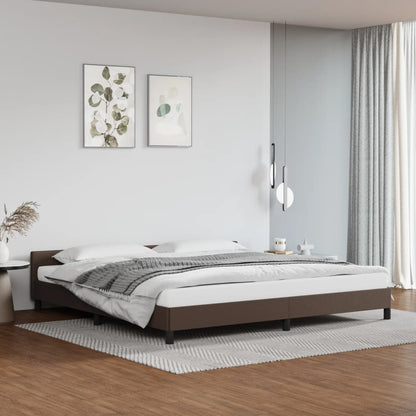 Estrutura de Cama Salu com Cabeceira em Couro Artificial Castanho - 200x200cm - Design Moderno