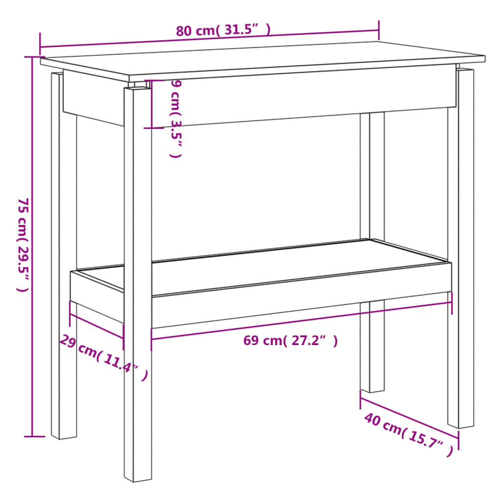 Mesa consola 80x40x75 cm madeira de pinho maciça