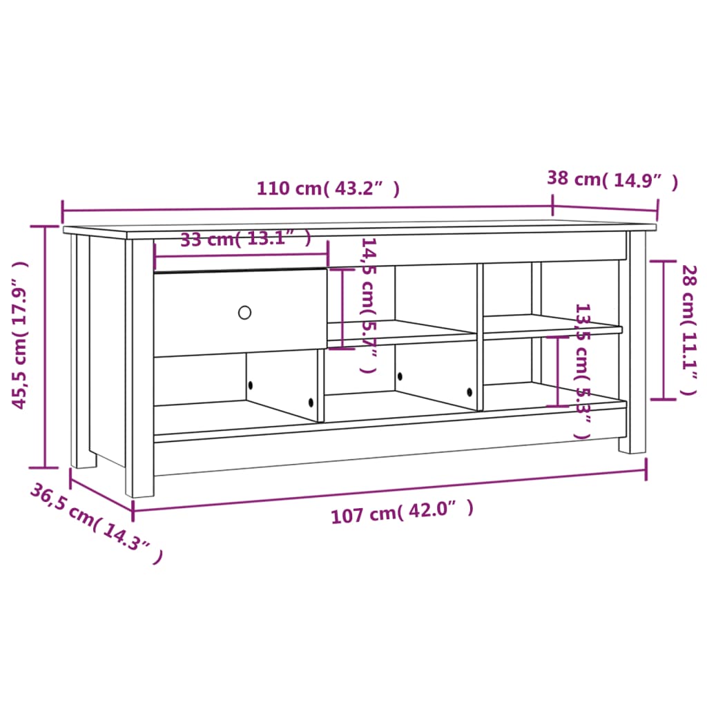 Sapateira Vedras - Com 1 Gaveta e 5 Compartimentos - Cor Branco - 110x38x45,5 cm - Madeira de Pinho Maciça - Design Rústico