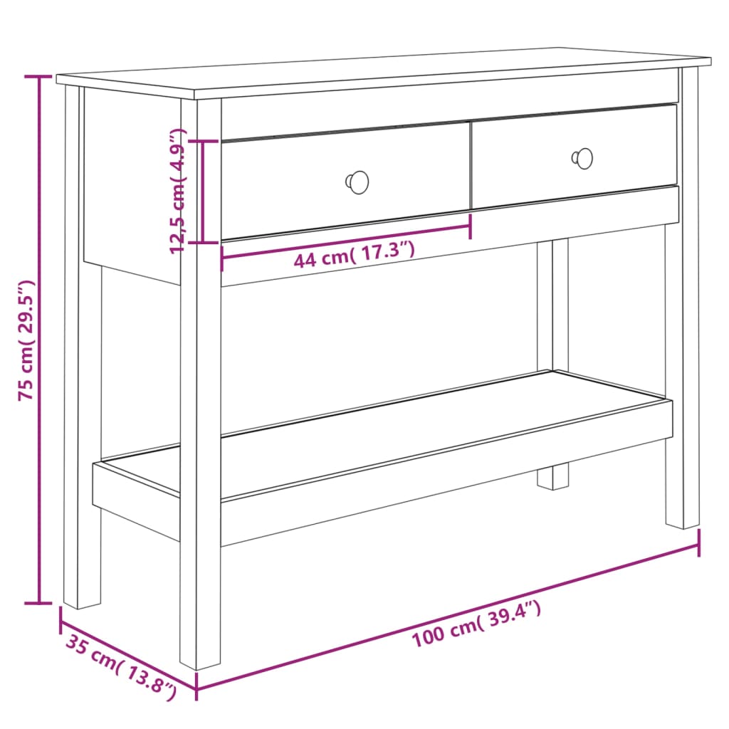 Mesa consola 100x35x75 cm pinho maciço branco