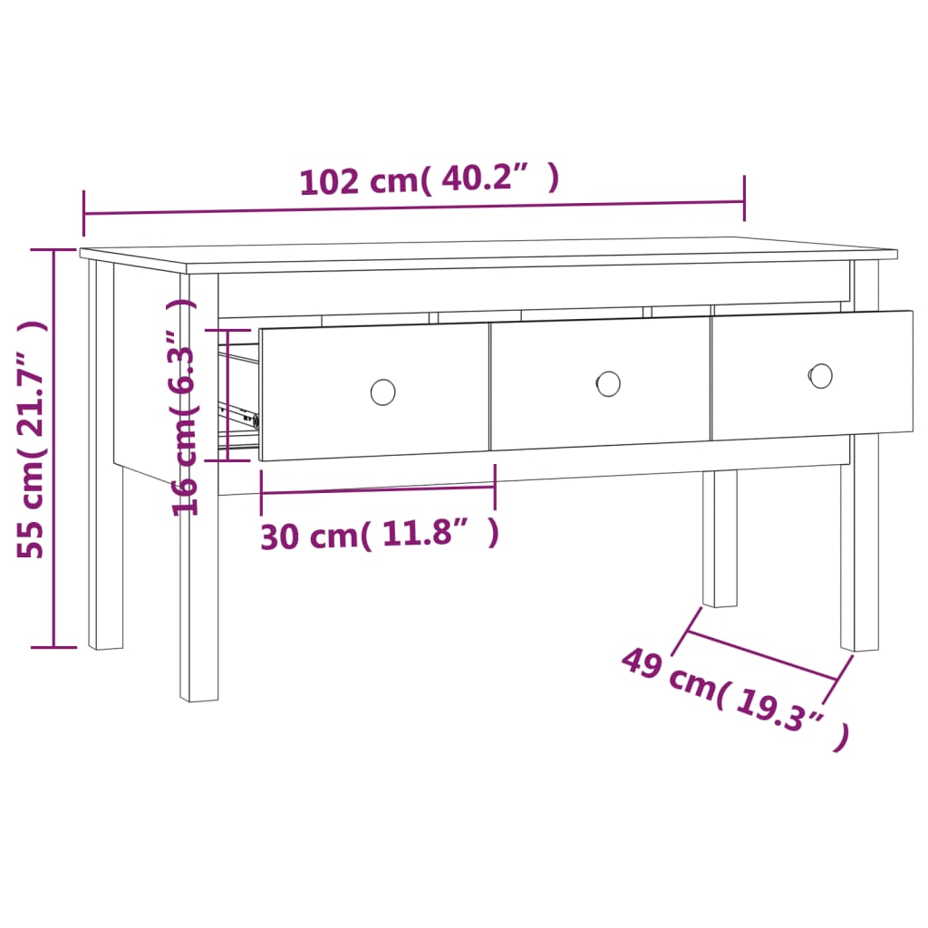 Mesa de centro 102x49x55 cm pinho maciço