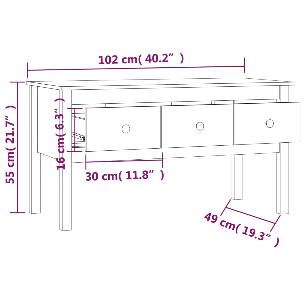 Mesa de centro 102x49x55 cm pinho maciço cinza