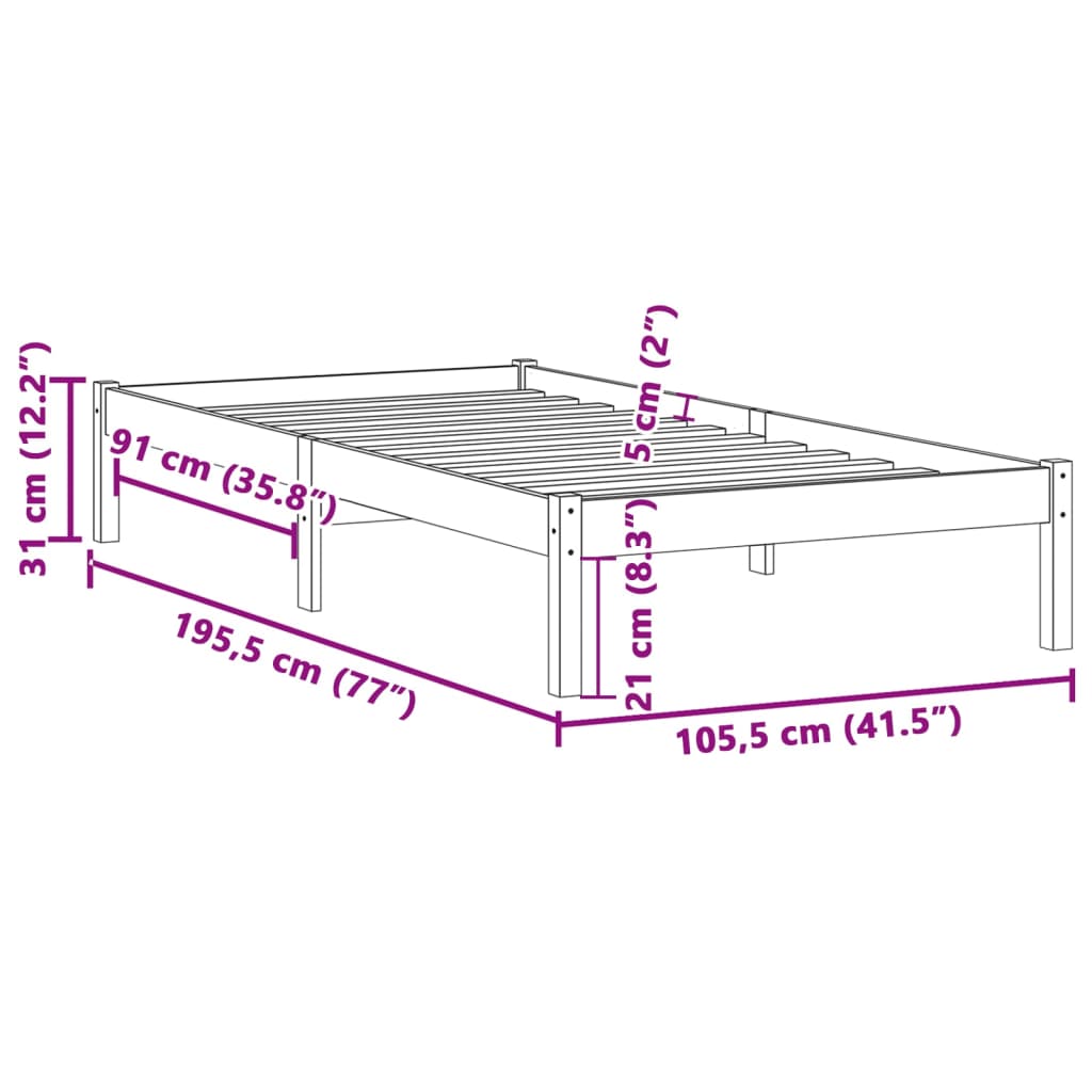 Cama sem colchão 100x190 cm Twin madeira de pinho maciça