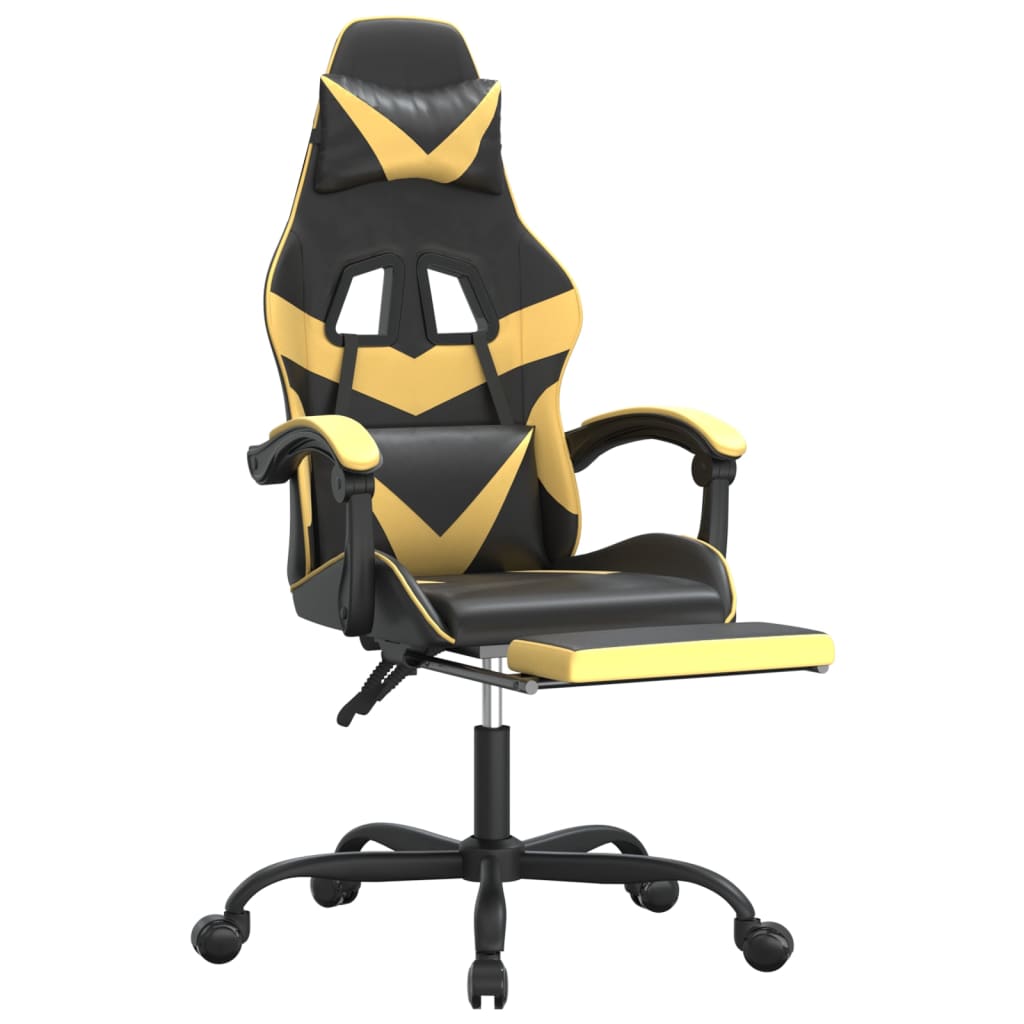 Cadeira Gaming Reclinável com Massagens e Apoio de Pés em Couro Artificial - Preto e Dourado - Design Moderno