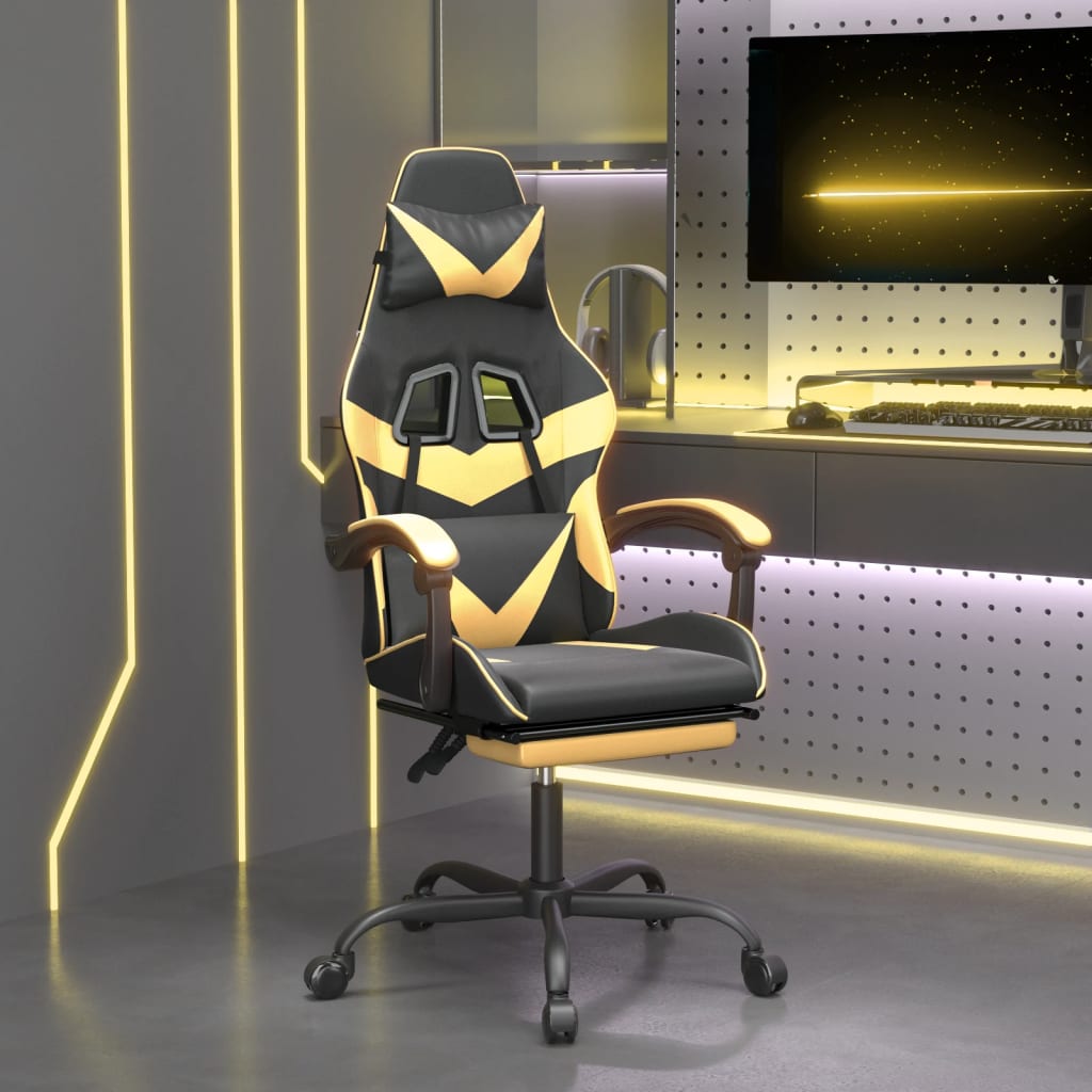 Cadeira Gaming Reclinável com Massagens e Apoio de Pés em Couro Artificial - Preto e Dourado - Design Moderno