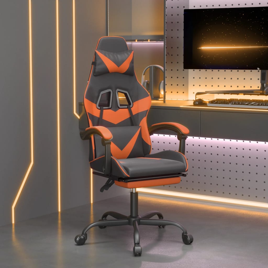 Cadeira Gaming Reclinável com Massagens e Apoio de Pés em Couro Artificial - Preto e Laranja - Design Moderno