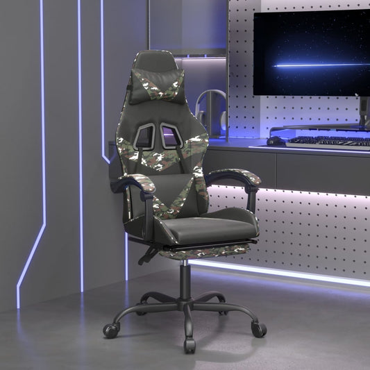 Cadeira Gaming Reclinável com Massagens e Apoio de Pés em Couro Artificial - Preto e Camuflagem - Design Moderno