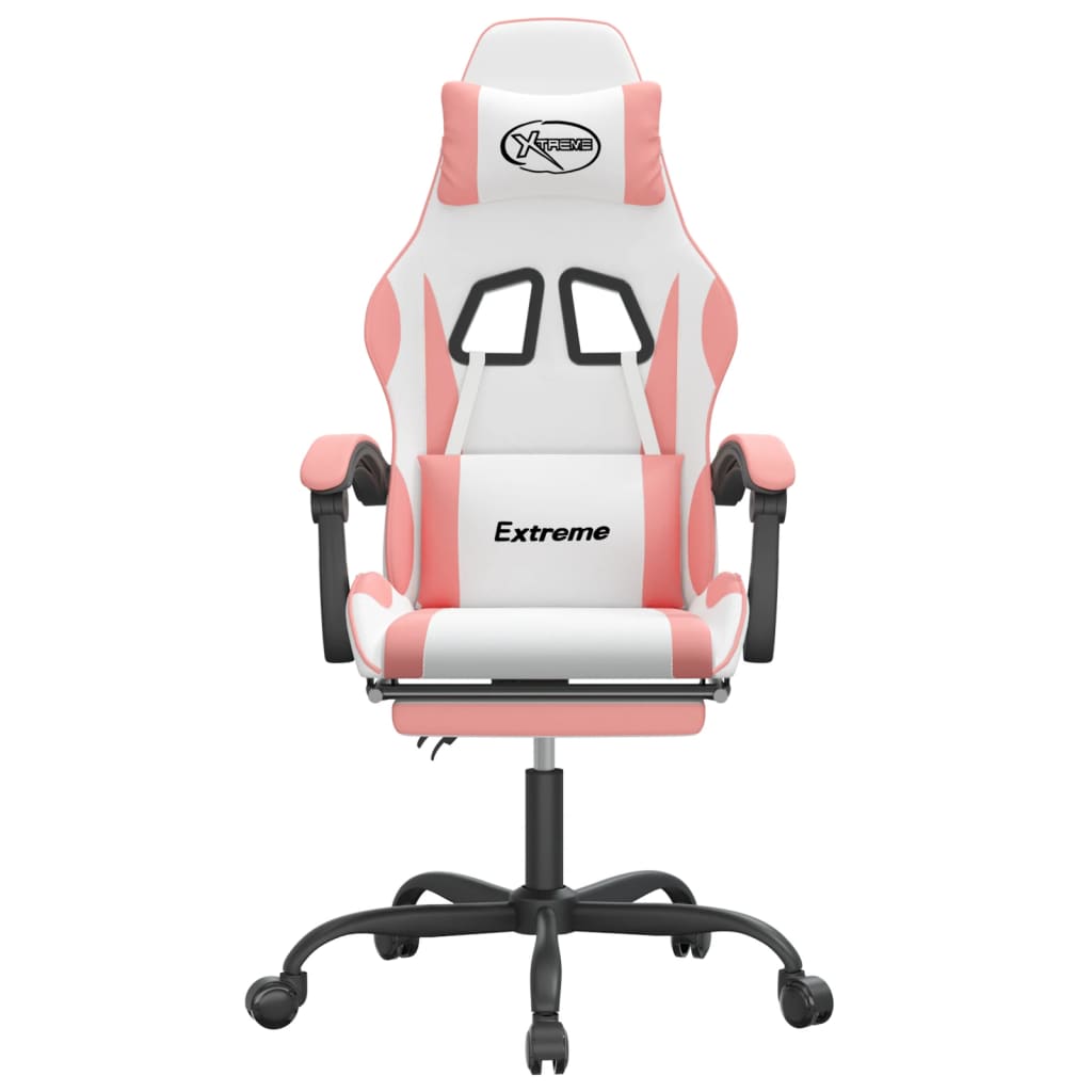 Cadeira gaming giratória c/ apoio pés couro artif. branco/rosa