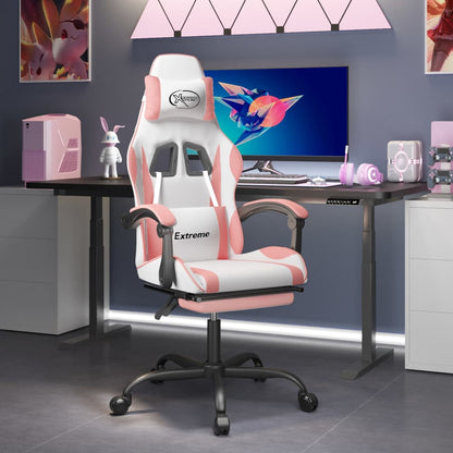 Cadeira gaming giratória c/ apoio pés couro artif. branco/rosa