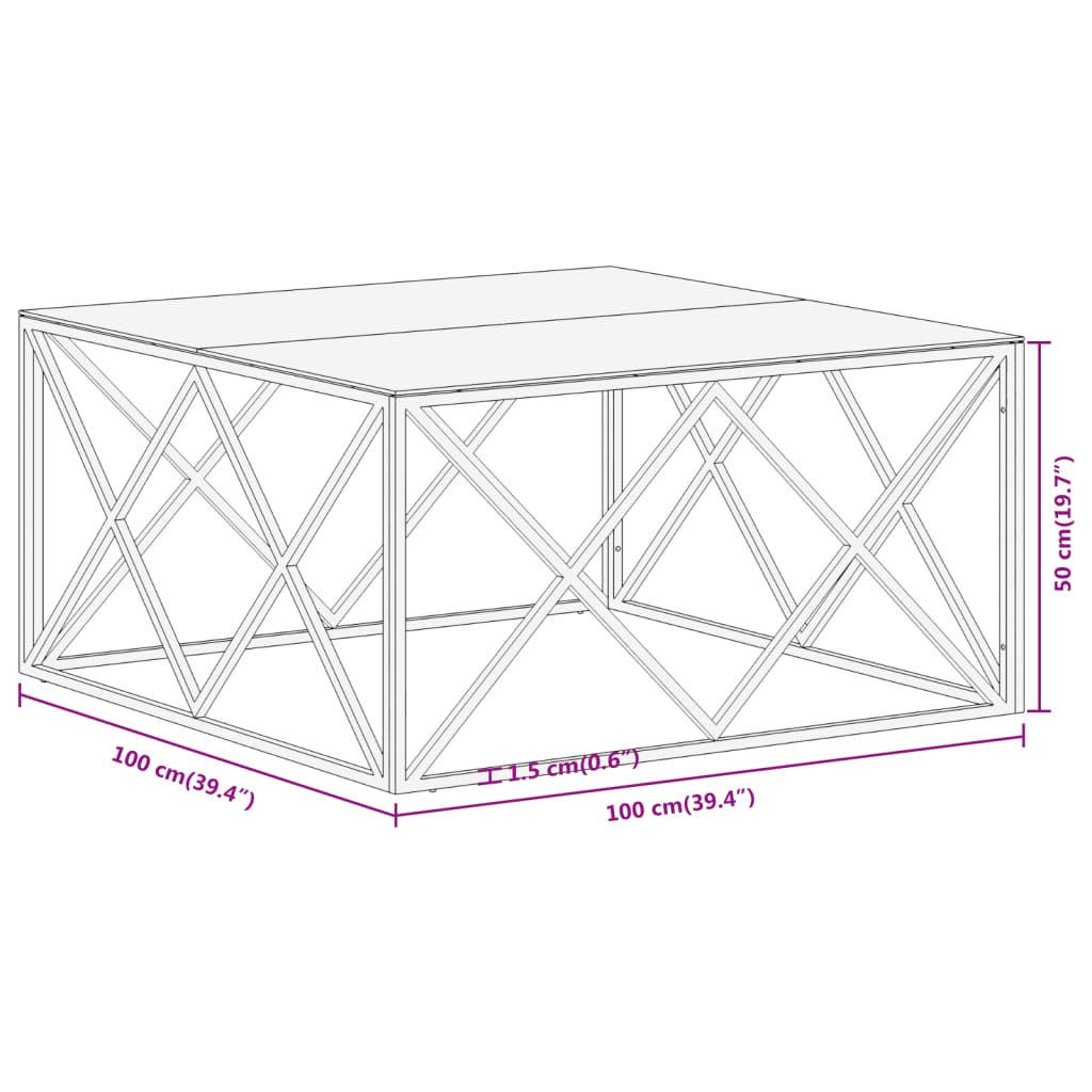 Mesa de centro aço inoxidável e vidro temperado prateado