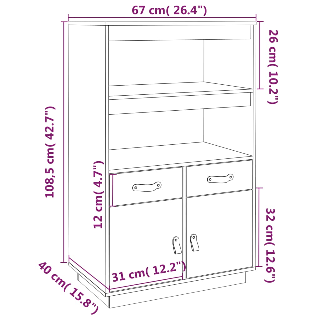 Aparador alto 67x40x108,5 cm pinho maciço branco