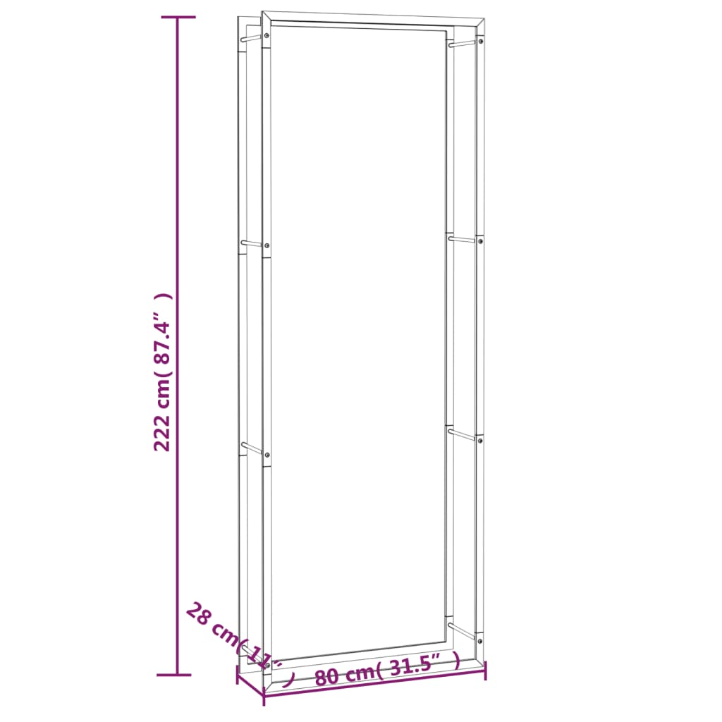 Suporte para lenha 80x28x222 cm aço preto mate