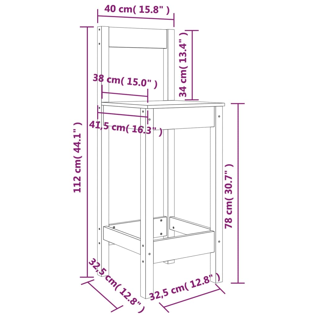 Cadeiras de bar 2 pcs 40x41,5x112 cm pinho maciço