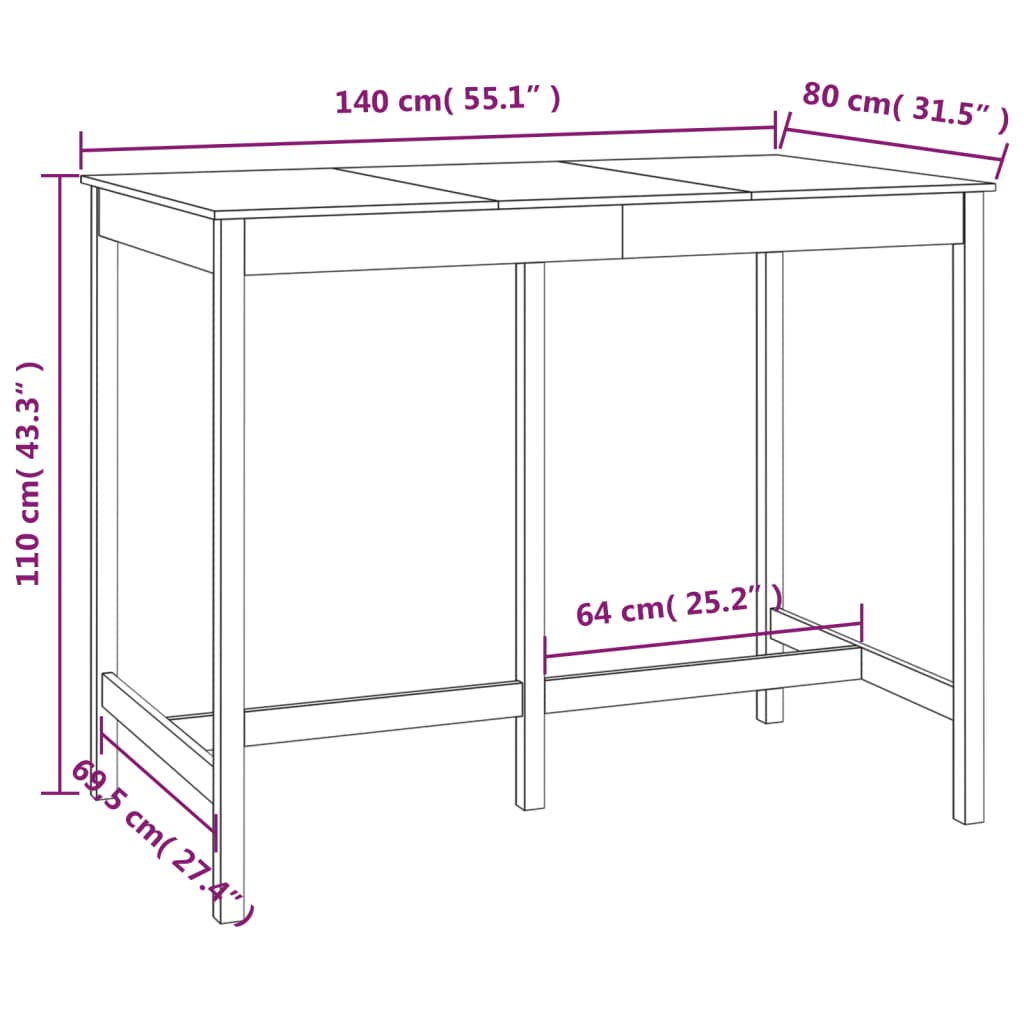 Mesa de bar 140x80x110 cm madeira de pinho maciça preto