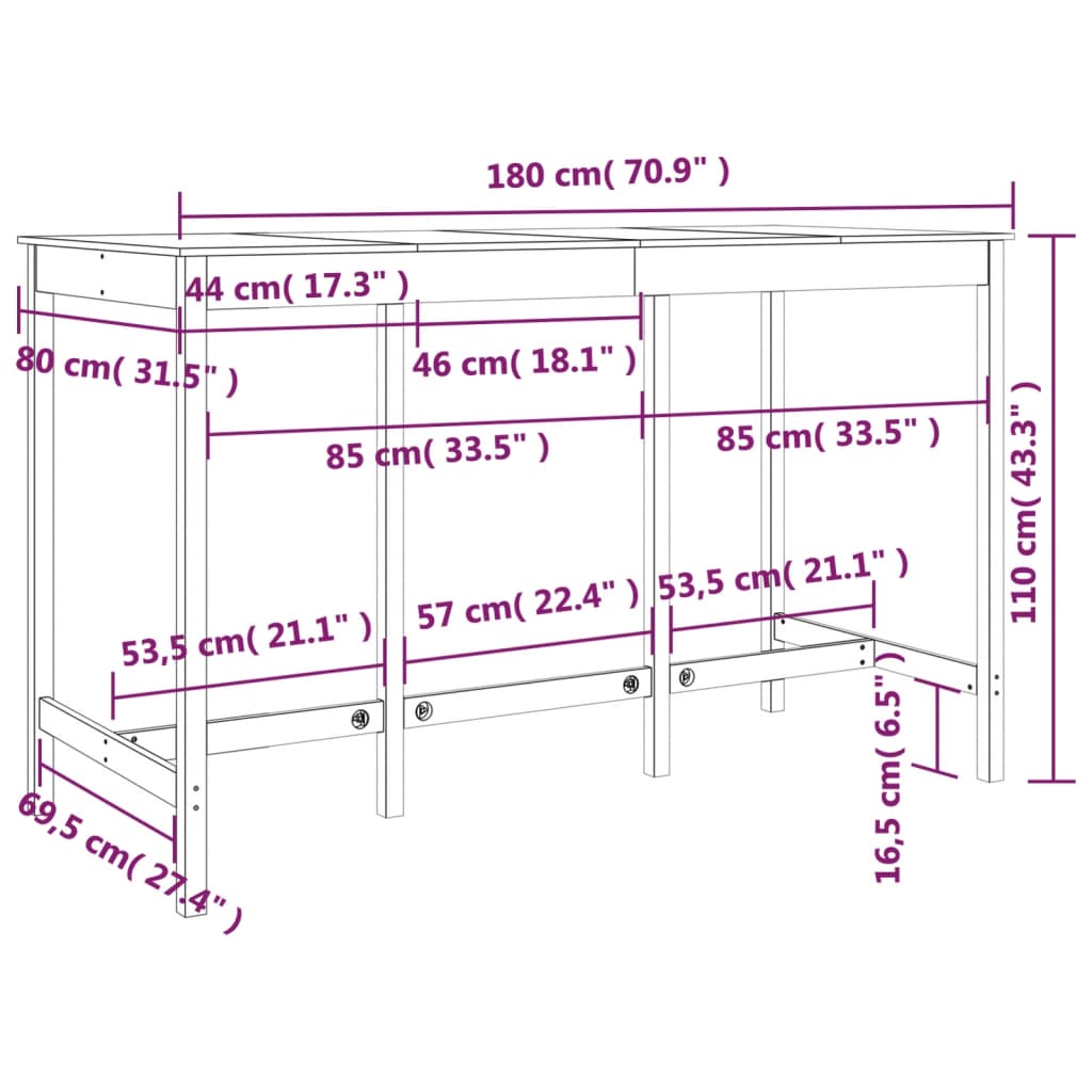 Mesa de bar 180x80x110 cm madeira de pinho maciça