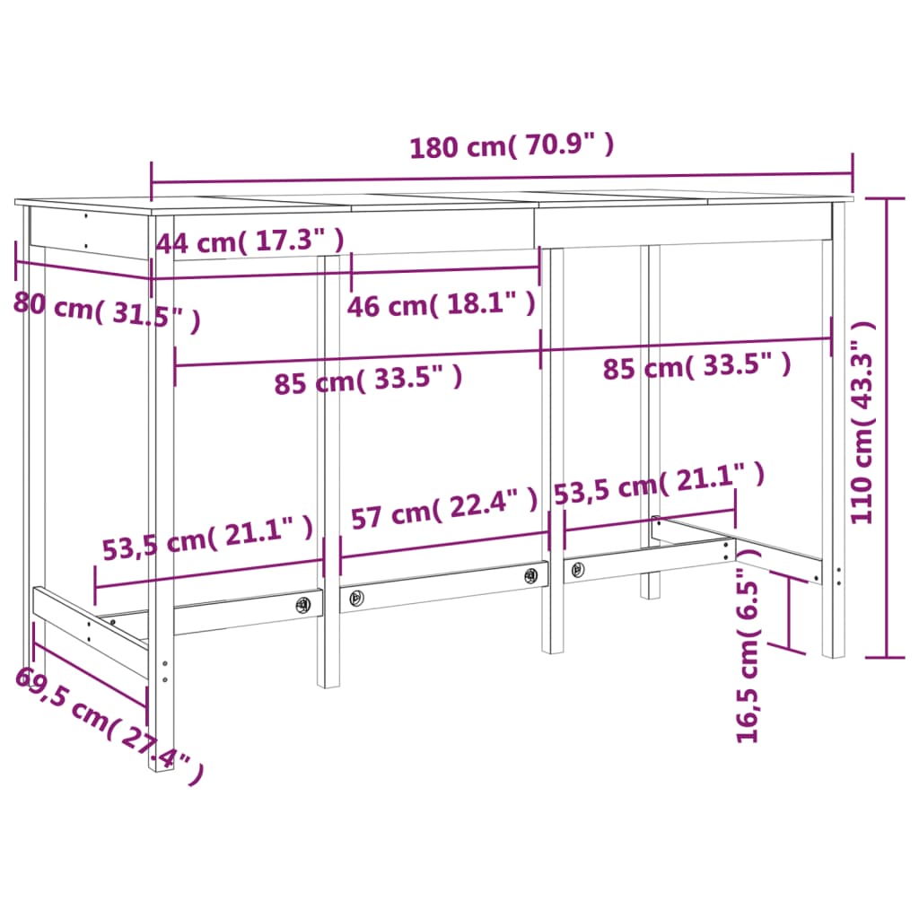 Mesa de bar 180x80x110 cm madeira de pinho maciça branco