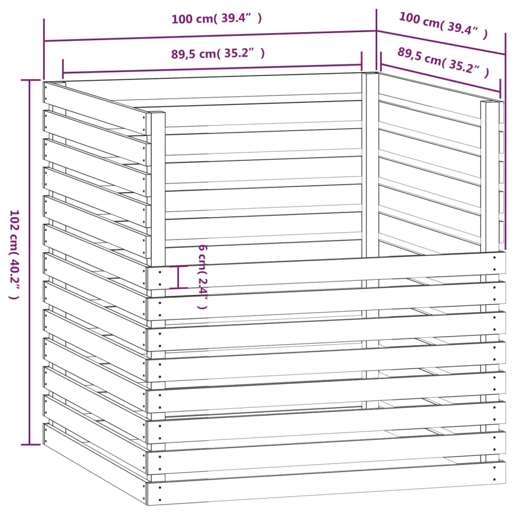 Caixa de compostagem 100x100x102 cm pinho maciço branco