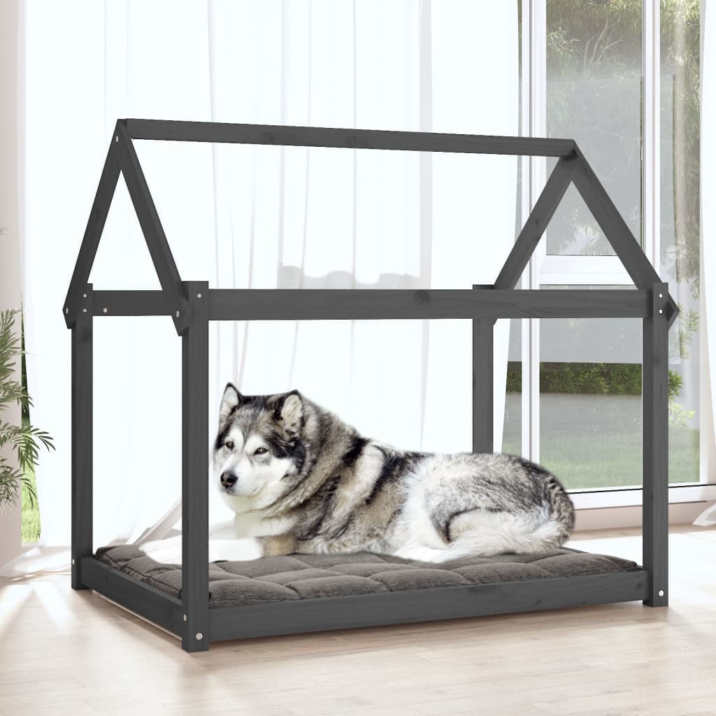 Cama para cães 111x80x100 cm madeira de pinho maciça cinza