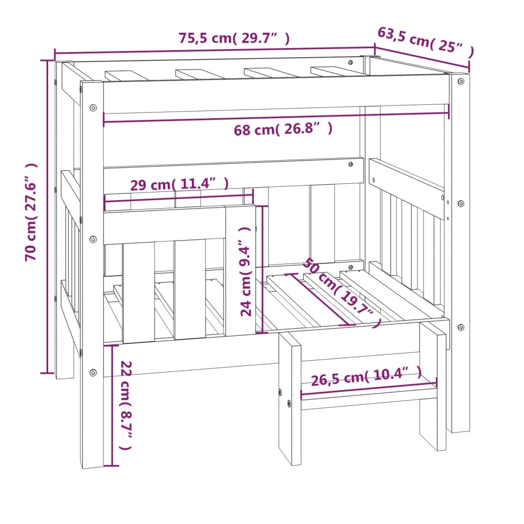 Cama para cães 75,5x63,5x70 cm madeira de pinho maciça