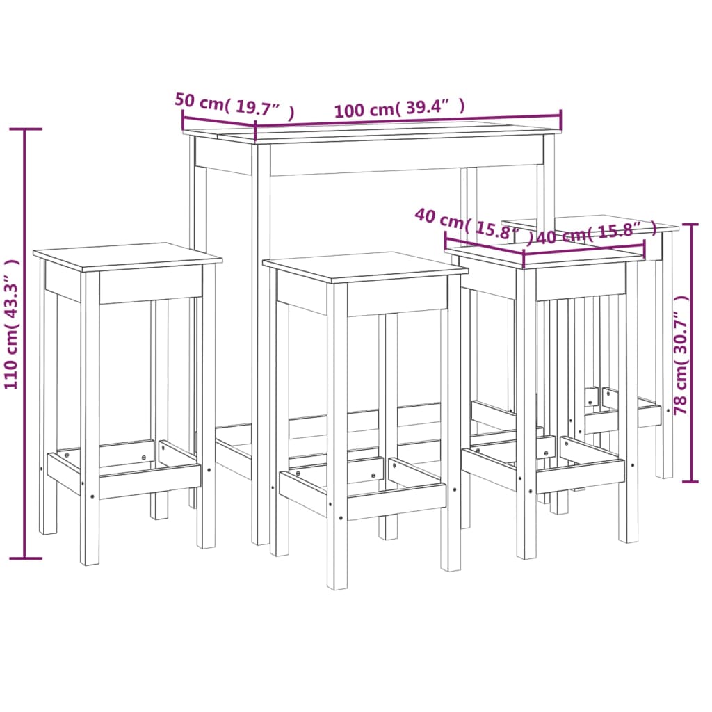 5 pcs conjunto de bar pinho maciço cinza