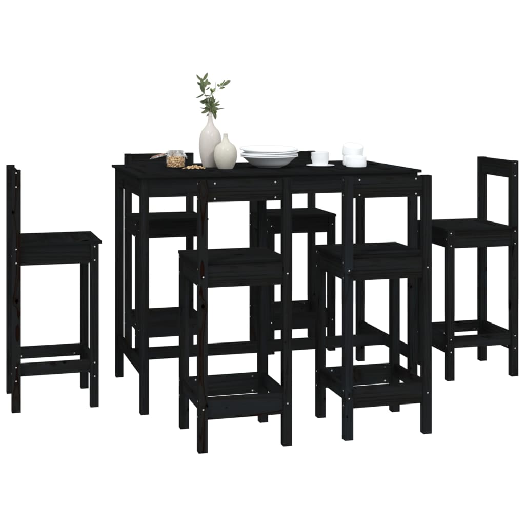 7 pcs conjunto de bar pinho maciço preto