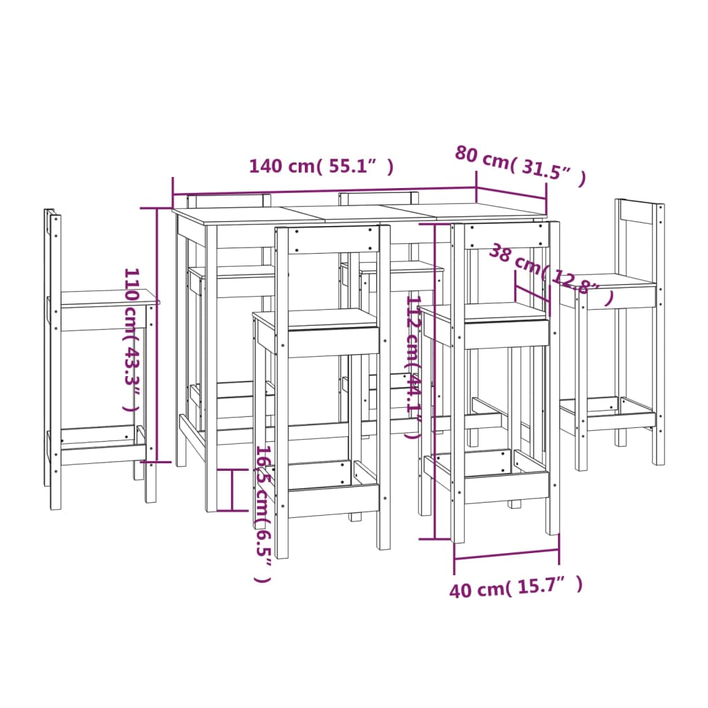 7 pcs conjunto de bar pinho maciço preto