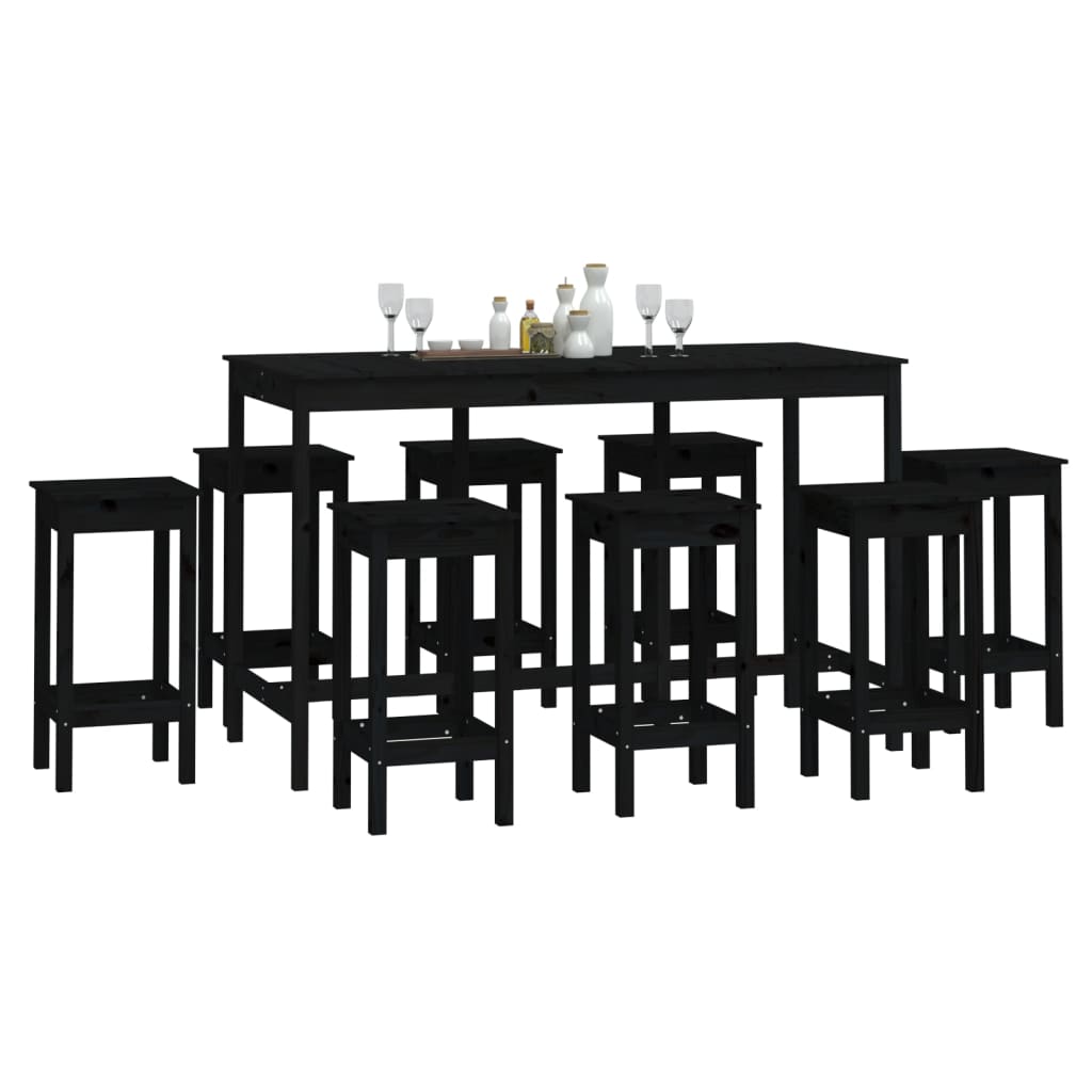 9 pcs conjunto de bar pinho maciço preto