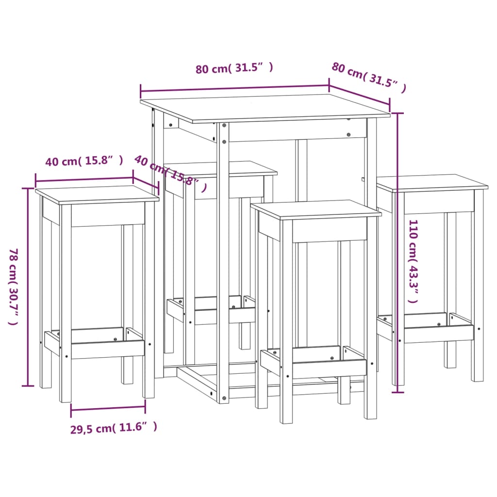 5 pcs conjunto de bar pinho maciço