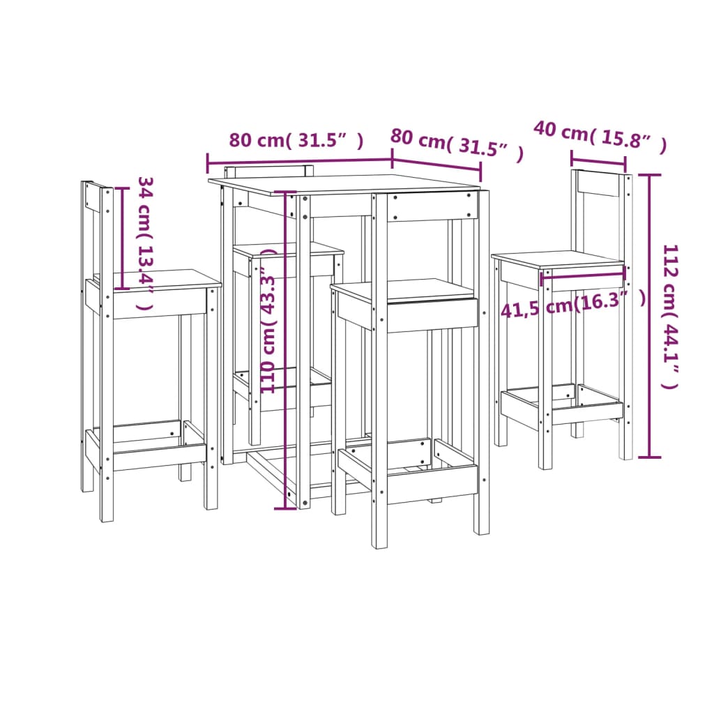 5 pcs conjunto de bar pinho maciço