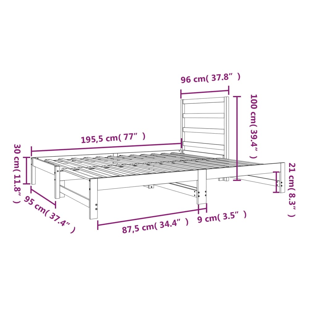 Estrutura sofá-cama de puxar 2x(90x190) cm pinho maciço preto