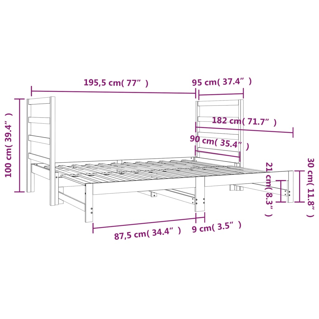 Estrutura sofá-cama de puxar 2x(90x190) cm pinho maciço preto