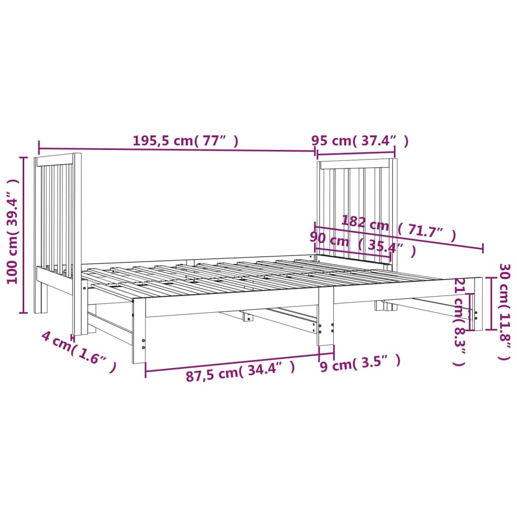 Estrutura sofá-cama de puxar 2x(90x190) cm pinho maciço