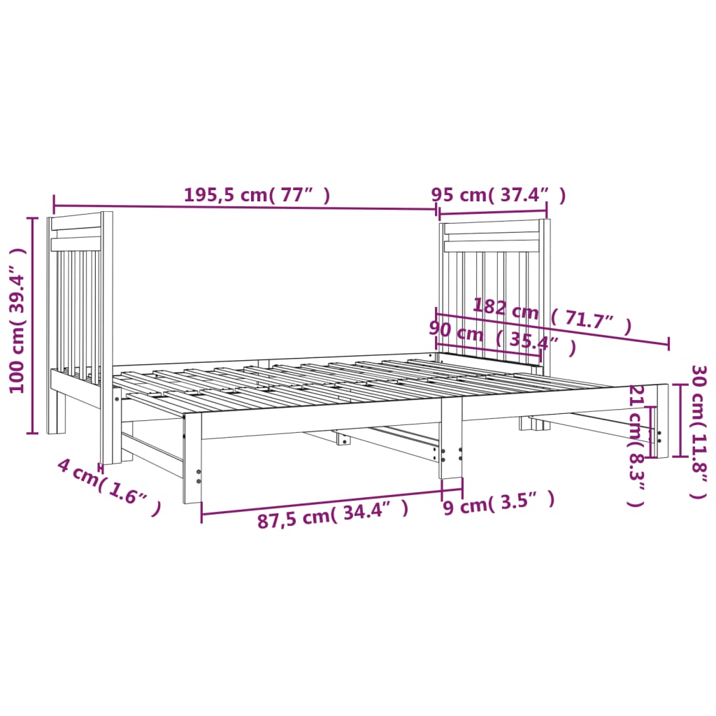 Estrutura sofá-cama de puxar 2x(90x190) cm pinho maciço