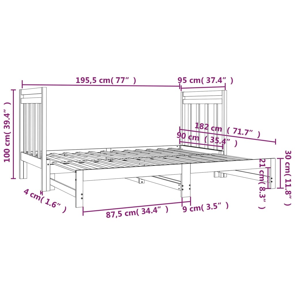 Estrutura sofá-cama de puxar 2x(90x190) cm pinho maciço branco