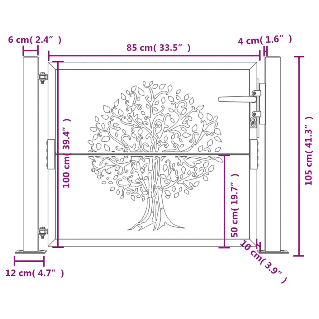 Portão de jardim 105x105 cm aço corten design árvore