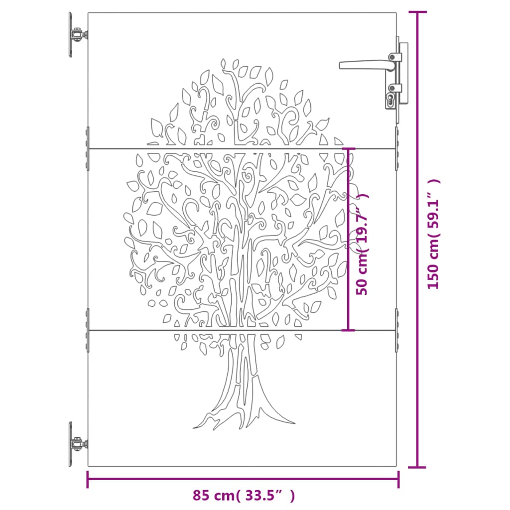 Portão de jardim 85x150 cm aço corten design árvore